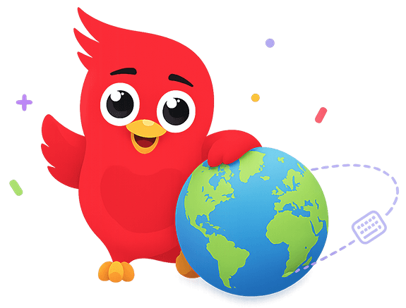 Maskottchen Ned mit einem Globus